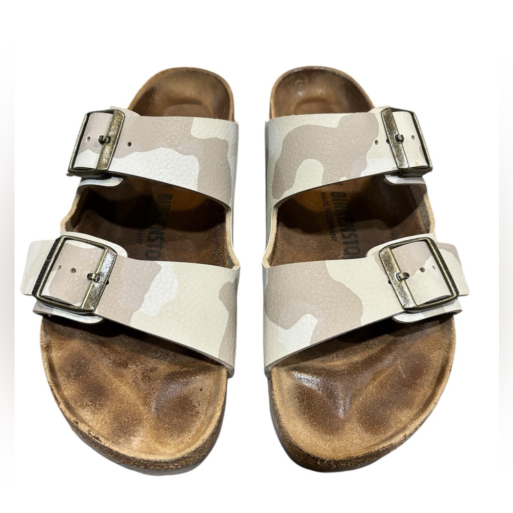 Birkenstock woman, sandal, print, camo, beige cream, and white